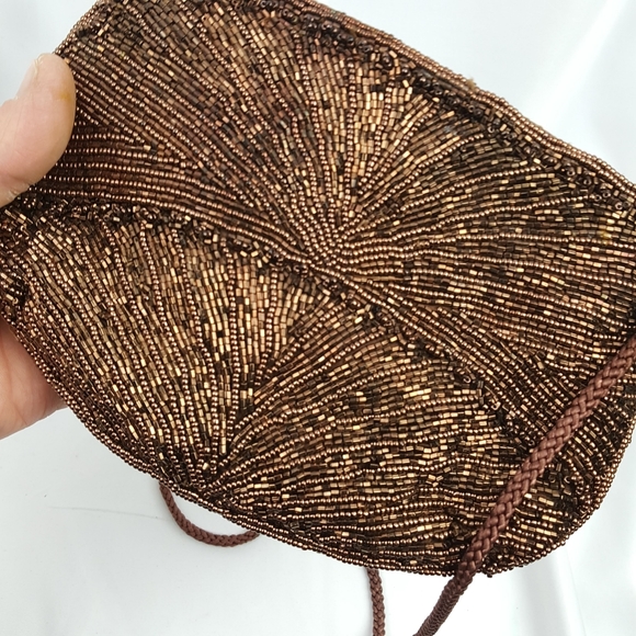 Brown beaded sequin vintage clutch handbag purse - Picture 7 of 8